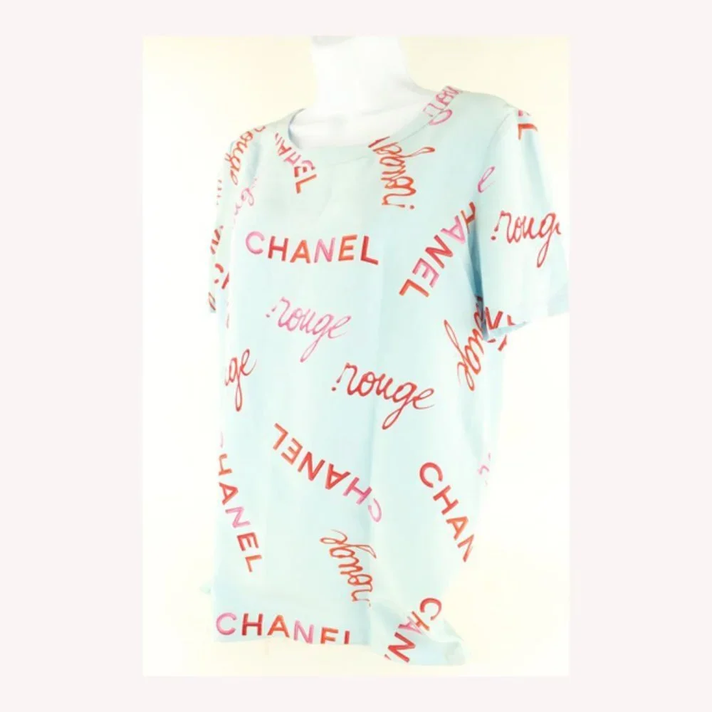 Chanel Size 38 96P Rouge Coco All Over Blue Silk Top Blouse Shirt 69cc614s